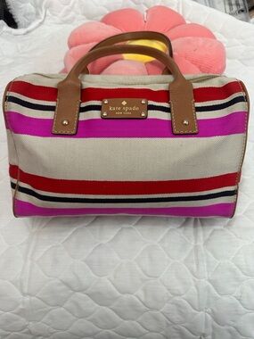 kate spade Pink, Red and Tan Striped Canvas Satchel